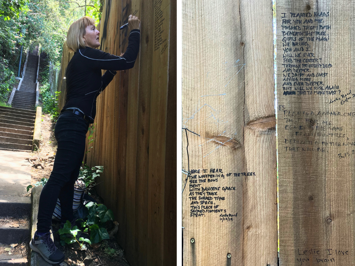 She's written over 60 poems on a fence in the Berkeley Hills